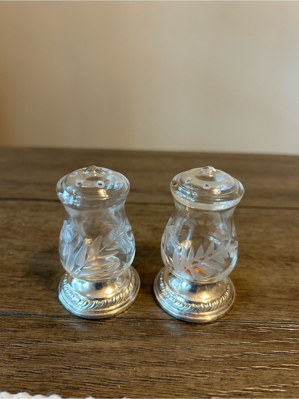 Crystal Etched Salt and Pepper Shakers with Silver Bases - Clear